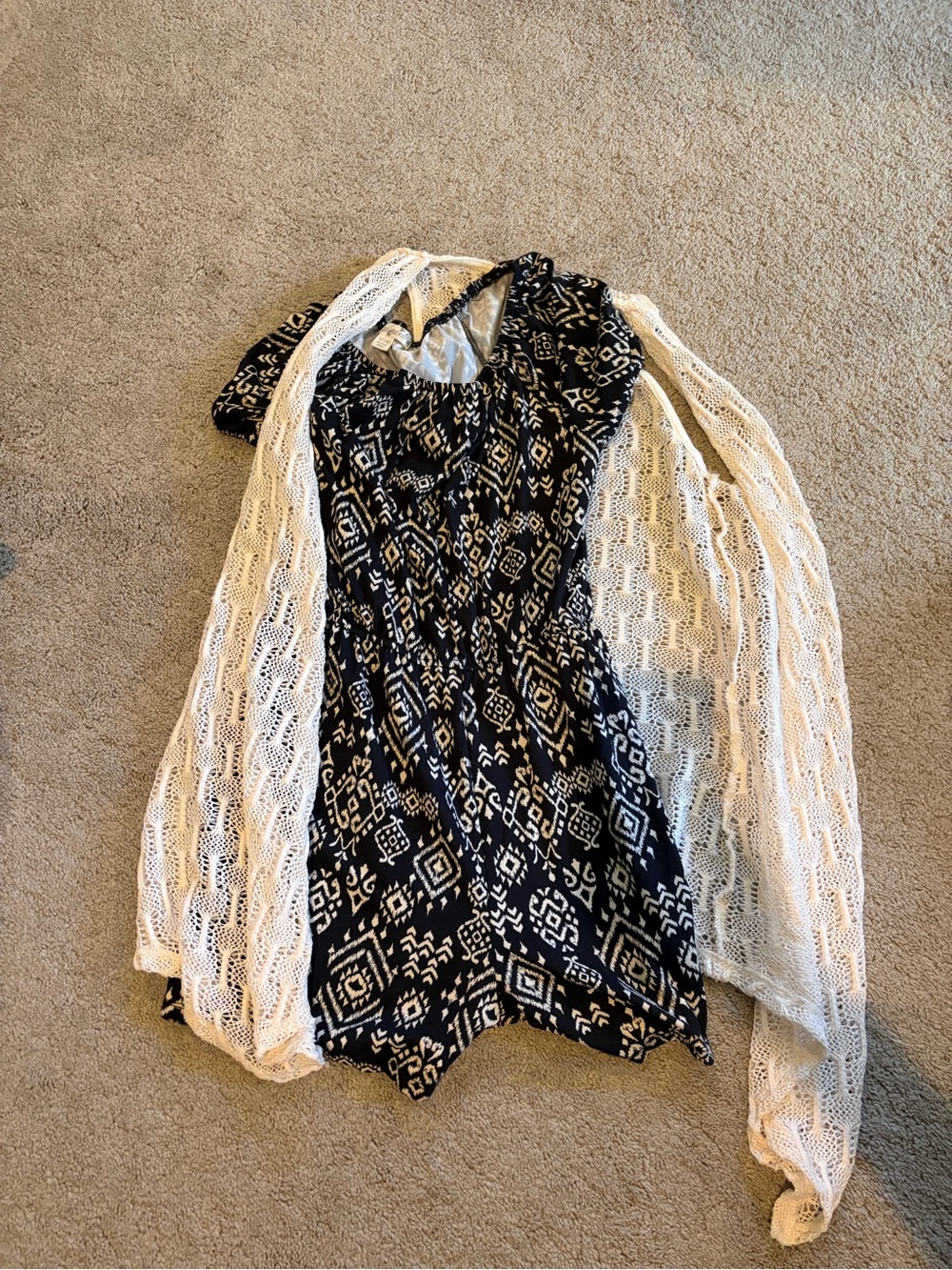 Girls black and cream  Printed romper with Cream Knit Cardigan